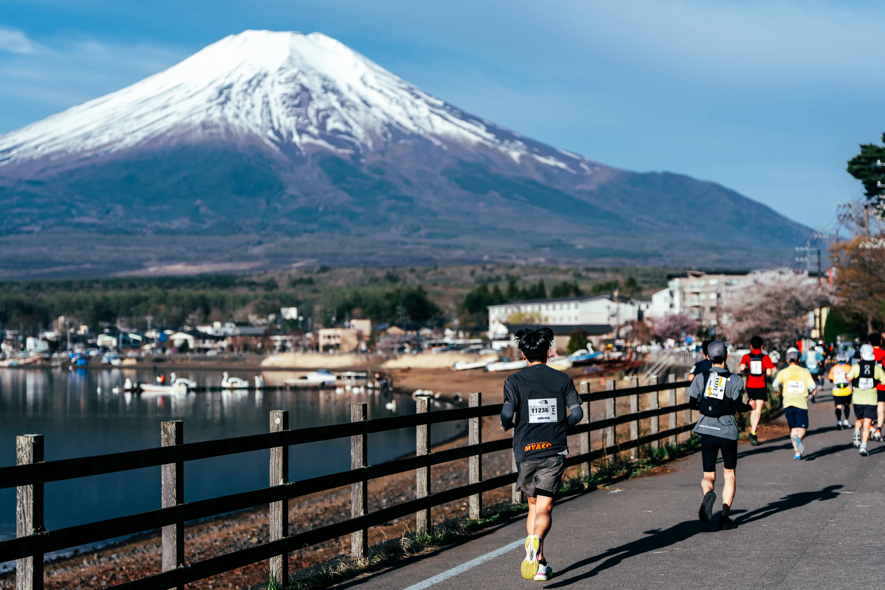 富士山と春の湖畔を走るランナー
